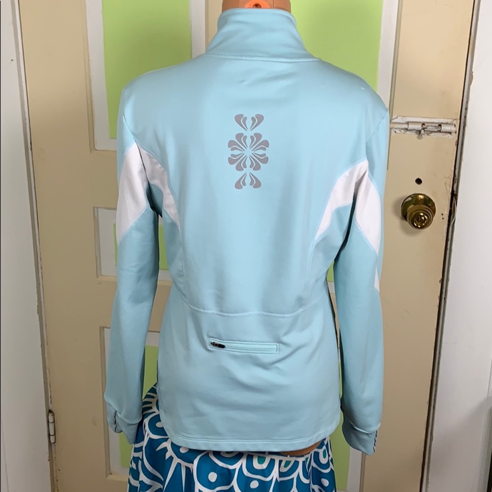 ATHLETA half zip fleece lined pullover large light blue & white after yoga run